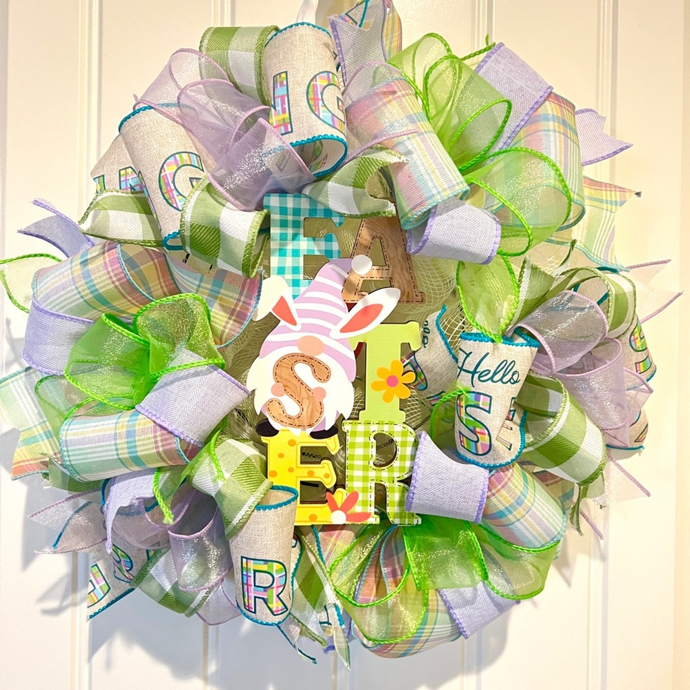 13” Ribbon Wreath "EASTER " Gnome Sign Hello Spring Handmade MW7 - Picture 3 of 11